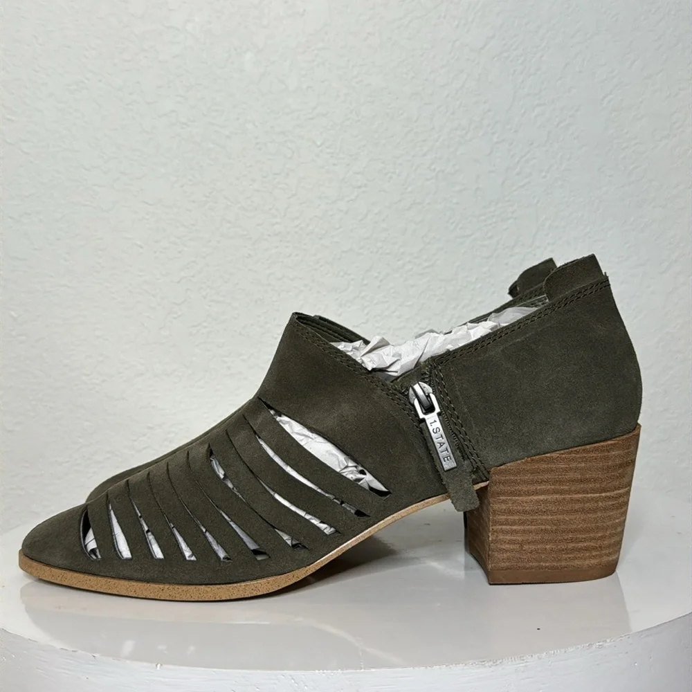 1. STATE ARNET OLIVE SUEDE LASER CUT POINTED TOE  HEELED ANKLE BOOTIE - Picture 5 of 14